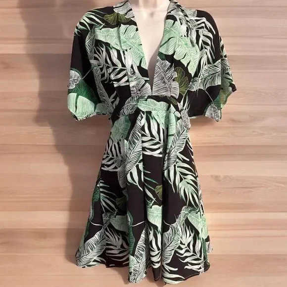 Floerns Tropical Leaf Print V-Neck Cut Out Back Dress Flutter Sleeve Tie-Back - Picture 2 of 9